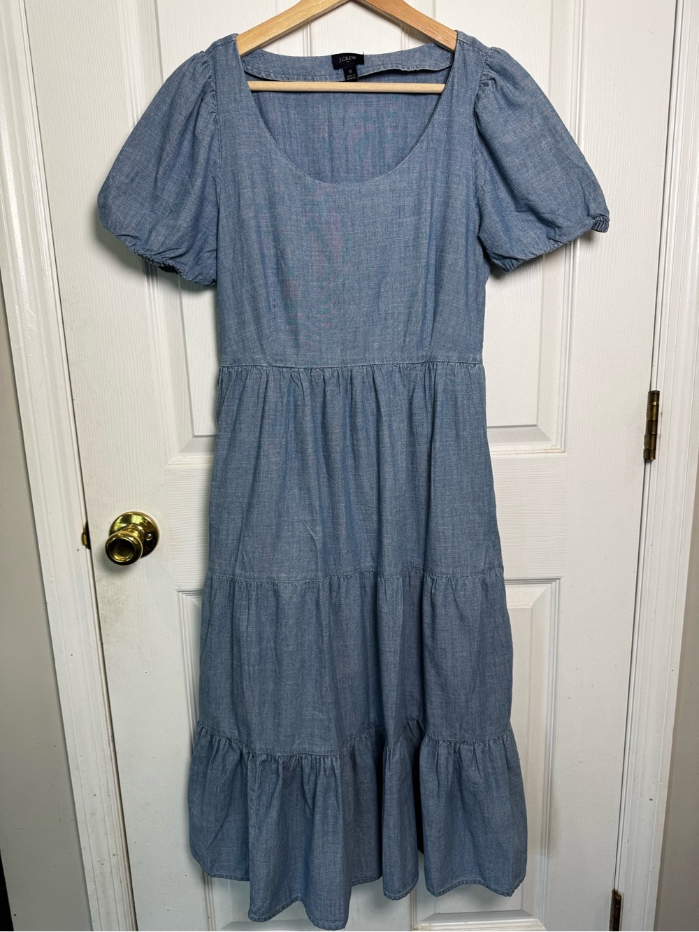J.Crew Chambray Tiered Midi Dress Puff Sleeve Blue Cotton Dress Pockets Size 6